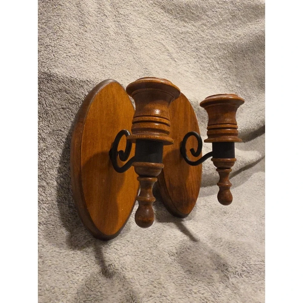 Vintage Oval Wooden Wall Sconces 8 in Tall with Black Metal Trim Set of 2‎